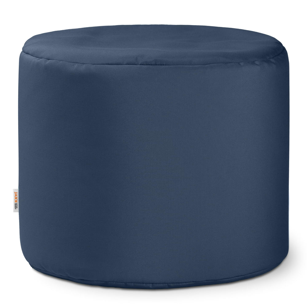 Jaxx navy pouf front view showing round ottoman and modern silhouette, useful for compact seating