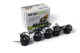 Jebao front view of five LED pond lights showing compact fixtures and cable, highlights safety