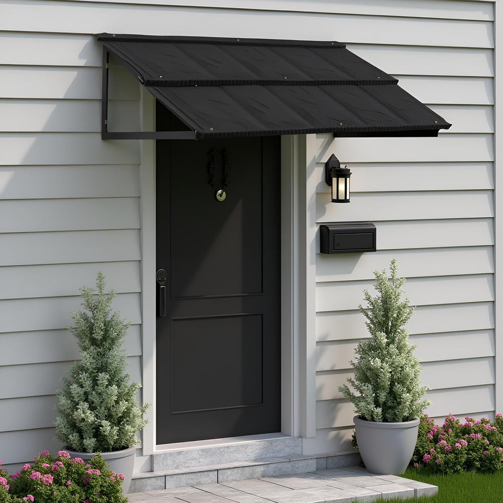 Jeracino awning front view installed showing clean black finish and shelter benefit