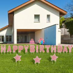 Jetec yard signs installed in front yard showing clear readable birthday display