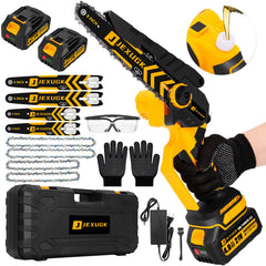 JEXUGK front-angle mini chainsaw showing compact design and portability benefit