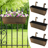 JFMAMJ front view of three 16 inch hanging railing planters showing neat trio arrangement and curb appeal