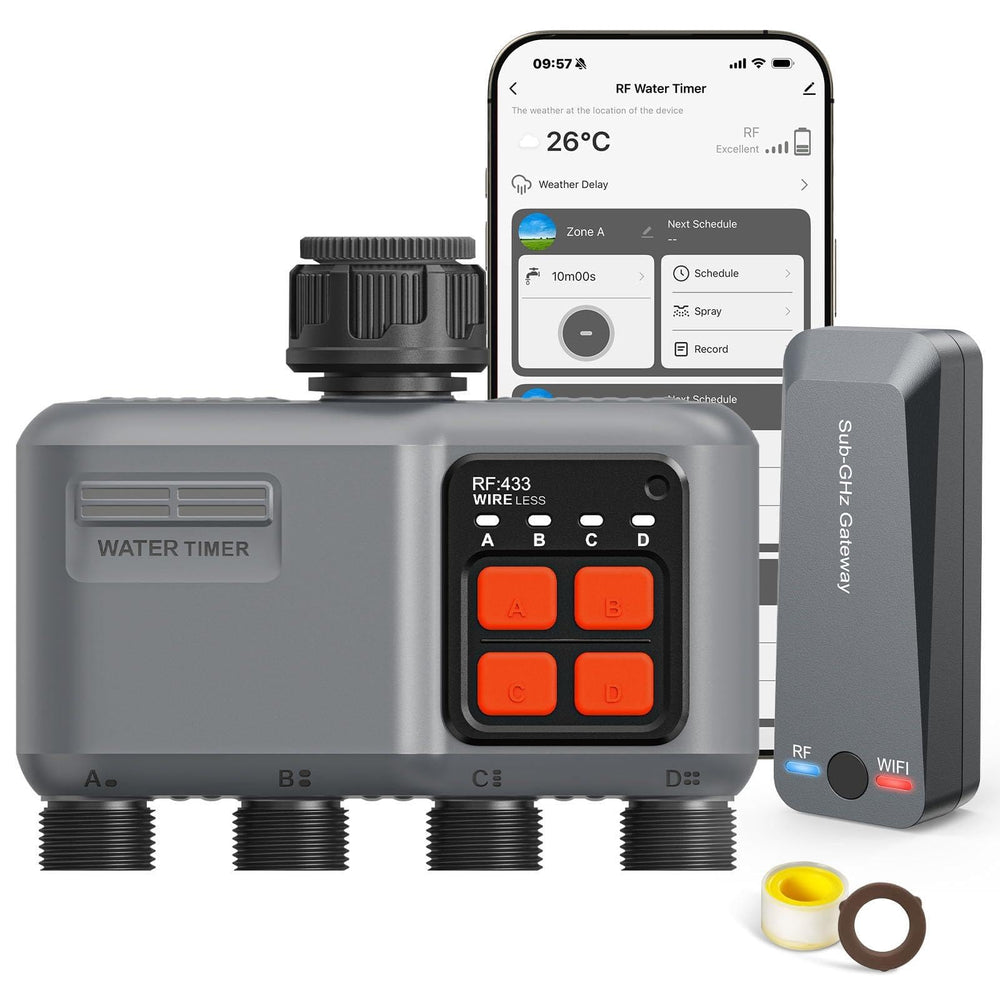 johgee front view of the 4-zone timer showing outlets and display for easy control