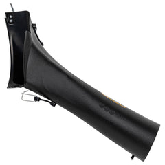John Deere side profile of lower bagger chute showing correct angle and airflow benefit