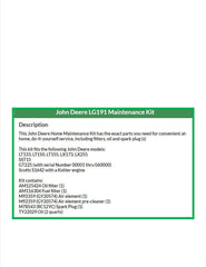 John Deere LG191 parts laid out: filters, spark plug, and oil for easy DIY service