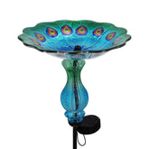 John's Studio front view of peacock bird bath showing colorful bowl and stake benefits garden focal point