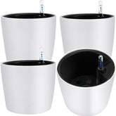 JOIKIT front view of four white 7-inch planters showing clean design and benefit of compact display