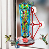 Jola's House front view of blue window hummingbird feeder shows clear close-up benefit