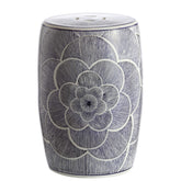 JONATHAN Y front view of blue and white camellia drum stool showing silhouette and finish