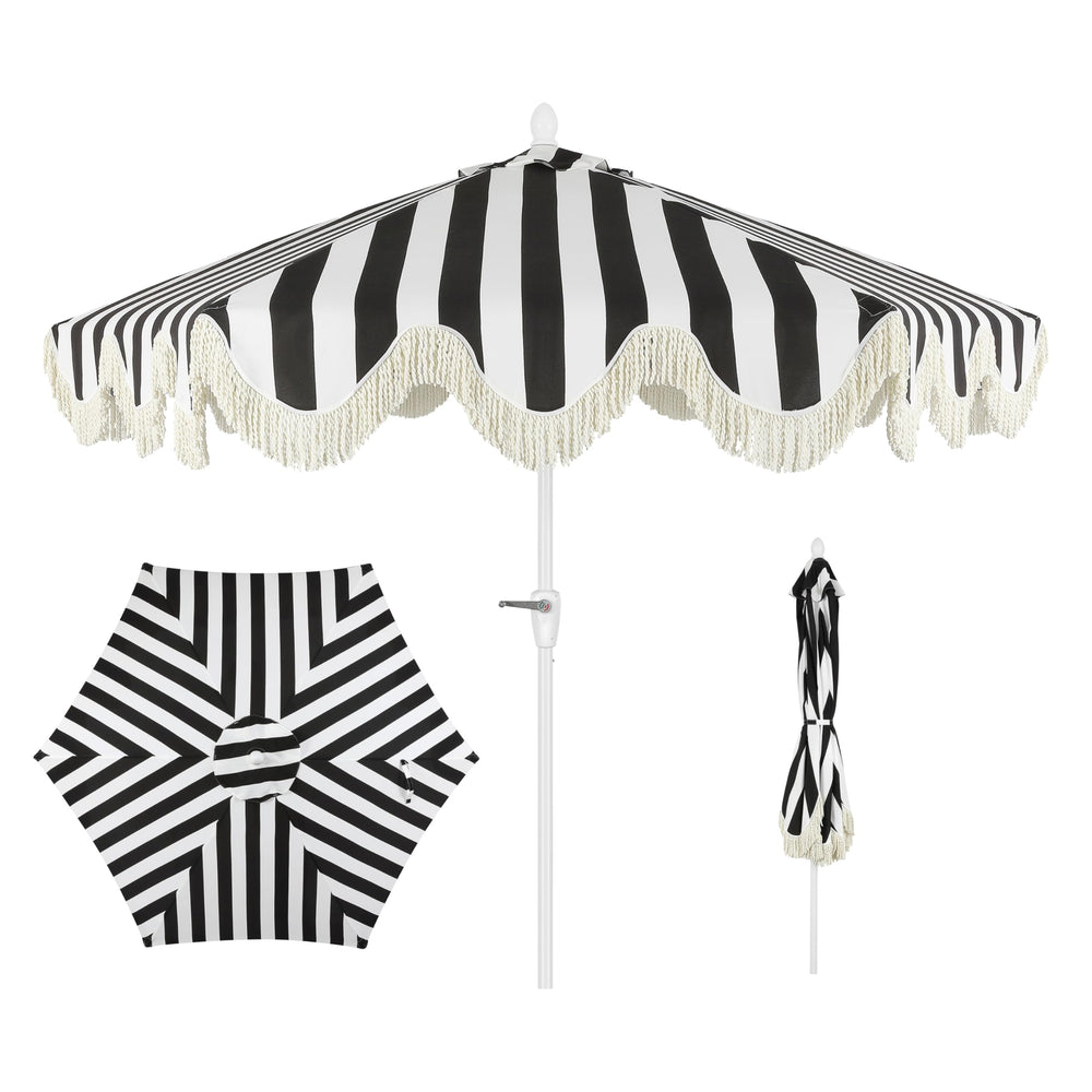 JONATHAN Y front view of black stripe scalloped umbrella creating stylish shade