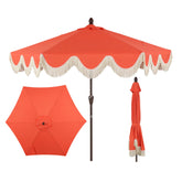 JONATHAN Y umbrella front view showing coral canopy and scalloped edge for stylish shade