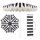 JONATHAN Y front view of black-and-white striped umbrella showing full canopy and scalloped edge for stylish shade