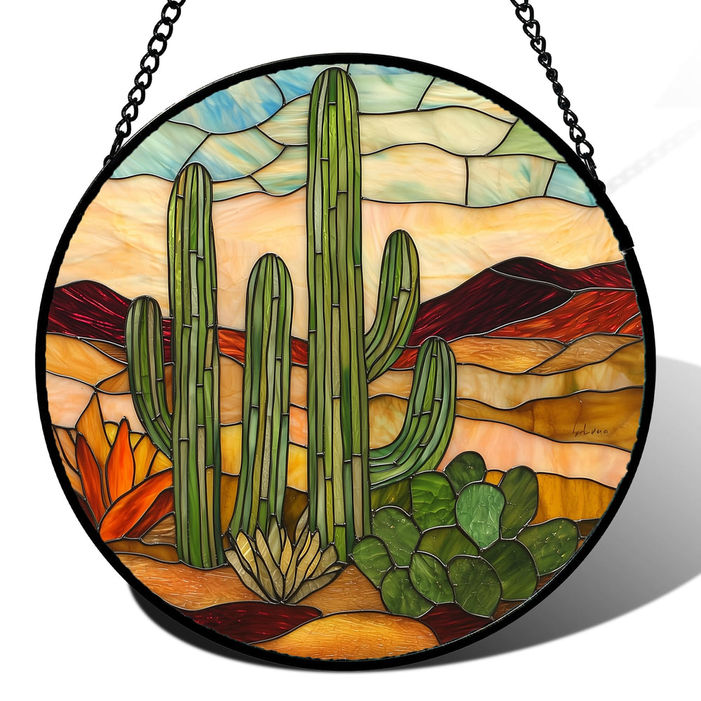 JOSUMALY front view of green cactus suncatcher showing vibrant colors and shape