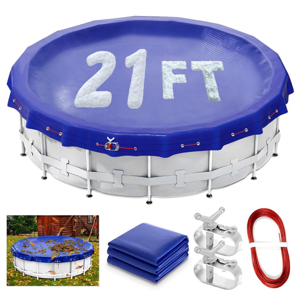 Jowlawn front packaging of 21 ft round winter cover shows kit components and durability benefits