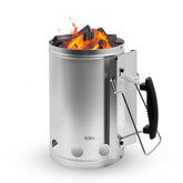 Joyagrill front view of charcoal chimney showing sturdy build and quick lighting benefit