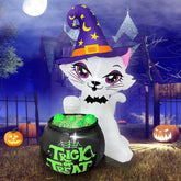 JOYEASE front view of inflatable cat and cauldron brightens porch
