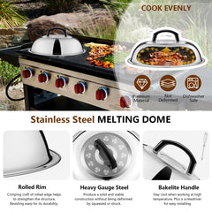 Joyfair melting dome on griddle containing splatter and speeding melt for efficient cooking