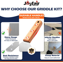 Joyfair wooden-handle spatula close-up showing riveted grip and safe handling