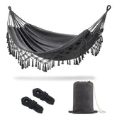 JoyView front view of dark grey hammock showing full spread and tassels, stylish relaxation