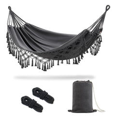 JoyView front view of dark grey hammock showing full spread and tassels, stylish relaxation