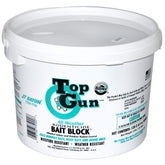 JT Eaton pail of Top Gun All-Weather bait blocks showing packaging and count