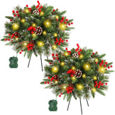 Juegoal front view of both pre-lit urn filler trees showing festive look and instant decor benefit
