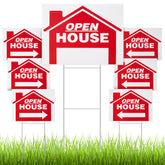 Juexica front view of seven red open house signs shows high visibility