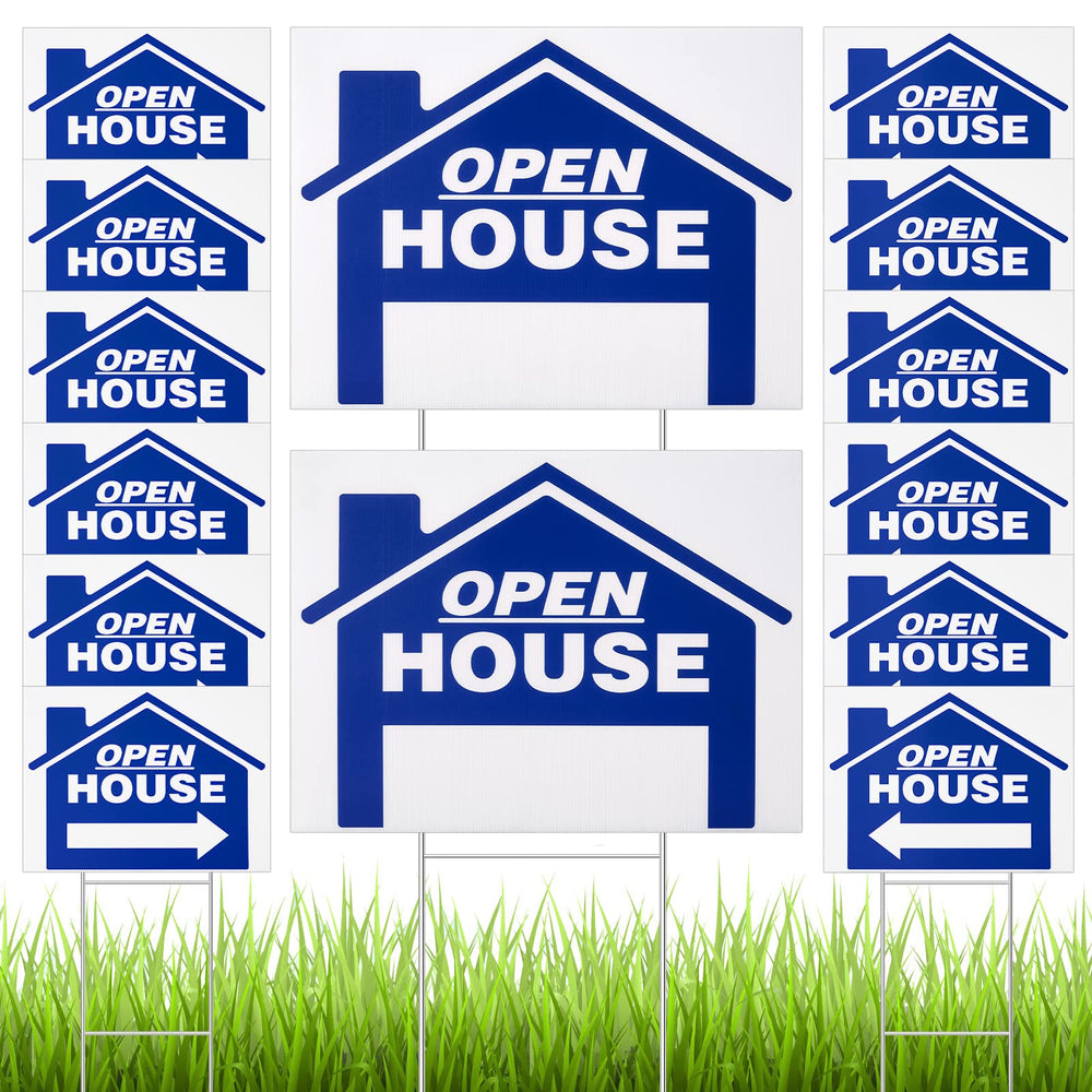 Juexica front view of blue open house sign showing clear directional message and visibility