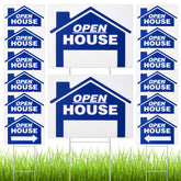 Juexica front view of blue open house sign showing clear directional message and visibility