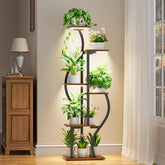 JUSTOGO front view of six-tier stand showing vertical plant display and benefits