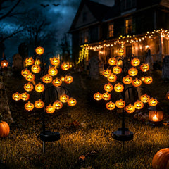 JUSTUP pumpkin stake front view showing bright yellow jack-o'-lantern and festive lighting benefit