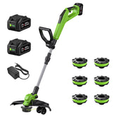 JUSWISE front view of cordless weed wacker showing full tool and guard benefits