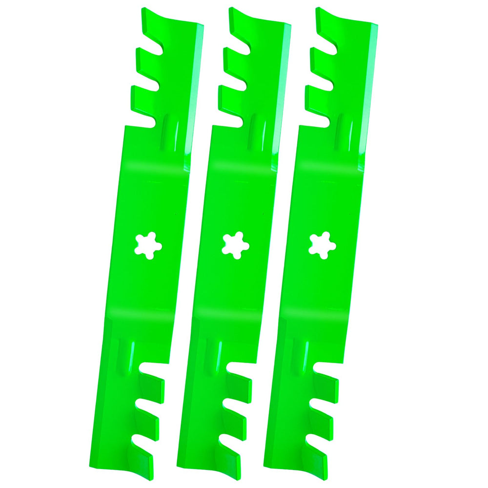 JYLEYJ front view of three mulching blades showing fit and benefit