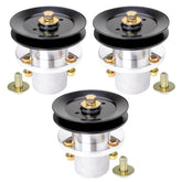 JYLEYJ front view of 3-pack spindle and pulley kit showing full contents and benefit of complete deck service