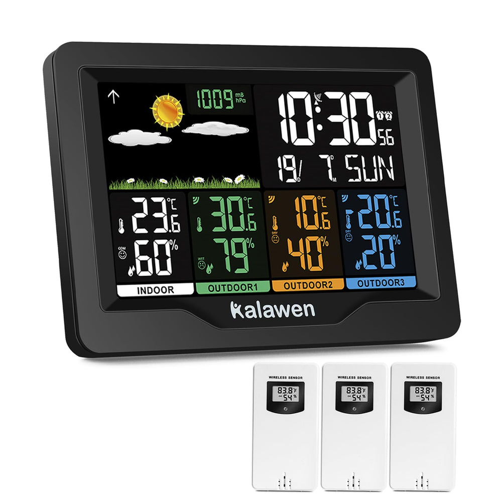 Kalawen main unit front display showing weather icons and clock for quick planning