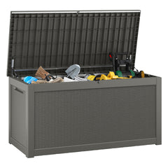 KAMABOKO front view of grey deck box showing capacity and curb appeal