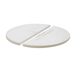 Kamado Joe front view of white half-moon plates showing reliable indirect cooking