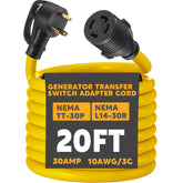 Kanayu front view of 20ft adapter cord showing plugs and bright yellow jacket for visibility