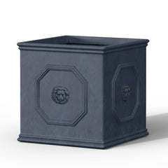 Kante dusty blue planter front view showing elegant lion detail and curb appeal