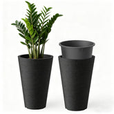 Kante front view of two black tapered planters showing modern silhouette and curb appeal