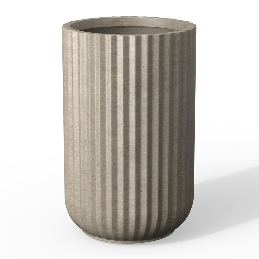 Kante front view of weathered concrete column planter showing elegant profile and stability