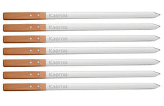 kaorou front view of seven stainless steel skewers showing full length and handles, easy transport
