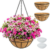 Karlliu front view of 16-inch metal hanging planter showing elegant frame and coir liner benefit: durable display