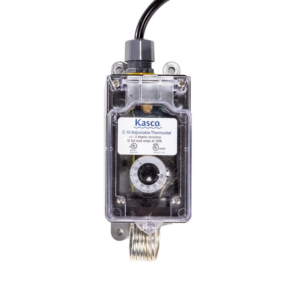 Kasco controller front view showing plug and compact design for easy installation