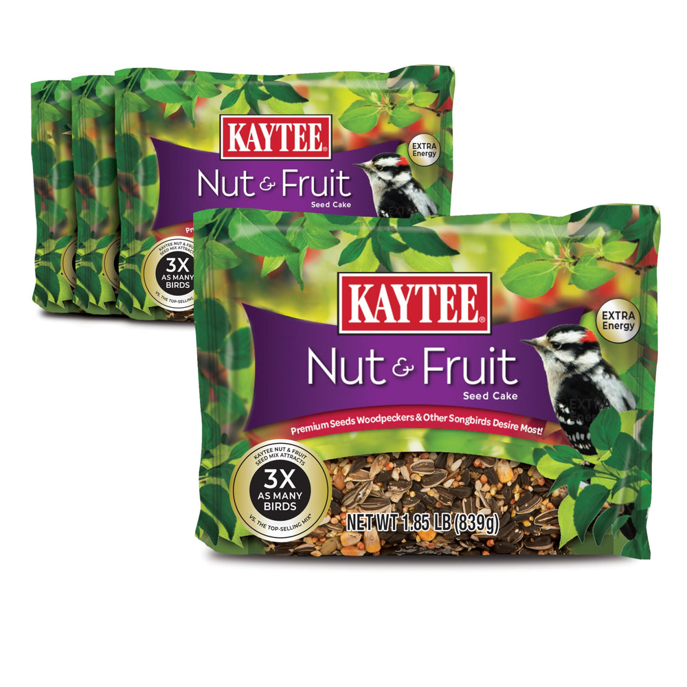 Kaytee front packaging showing seed cake attracting songbirds and clear benefits