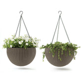 Keter front view of two cappuccino hanging planters showing decorative look and durability