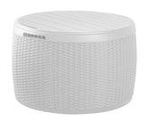 Keter front view of white rattan deck box showing compact storage and modern look