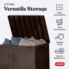 Keter City used as side table and seat offering functional outdoor surface