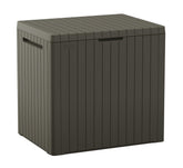 Keter front view of compact outdoor storage box shows tidy patio benefit