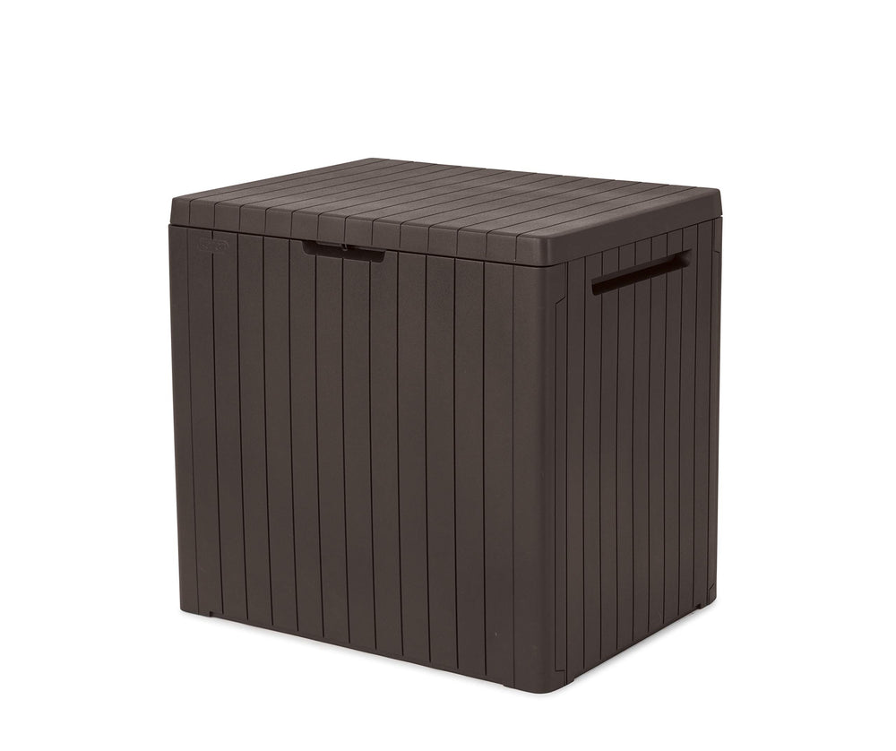 Keter City front view showing brown wood-panelled exterior and compact design for space saving